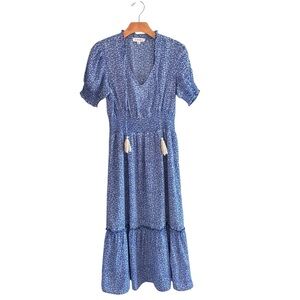 THML Women’s Smock Waist Floral Boho Midi  Dress Size M Blue White.